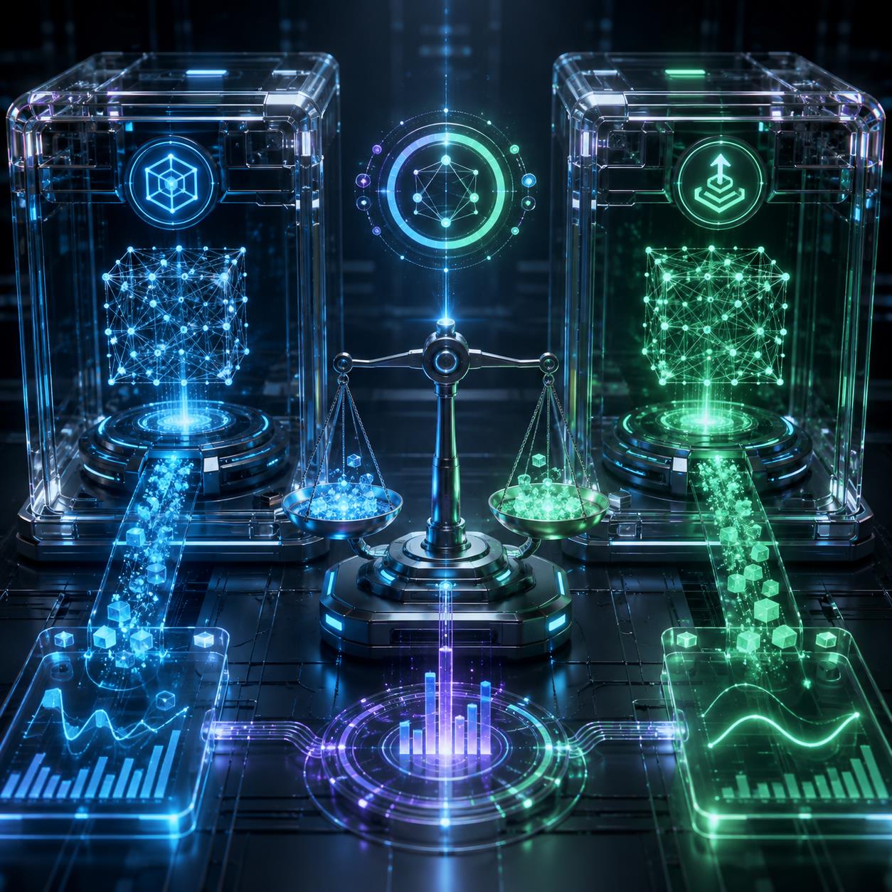 API中转站 A/B 对照验证 3D 科技渲染